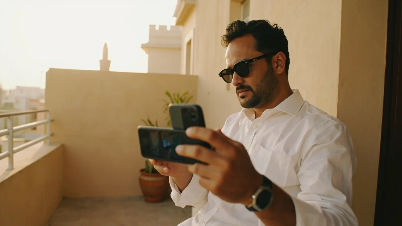 Adult on a daylit balcony holding a smartphone with a dark unreadable screen