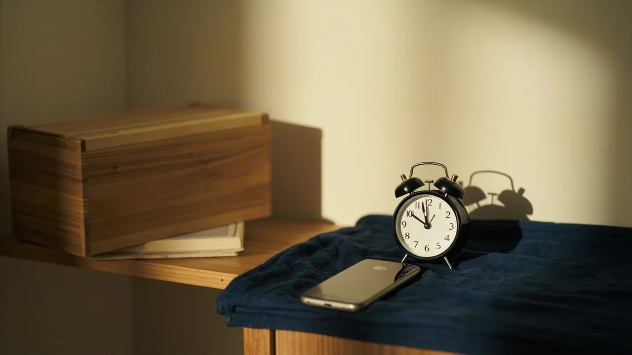 Bedside shelf with a boxed deck, analog clock and face-down phone