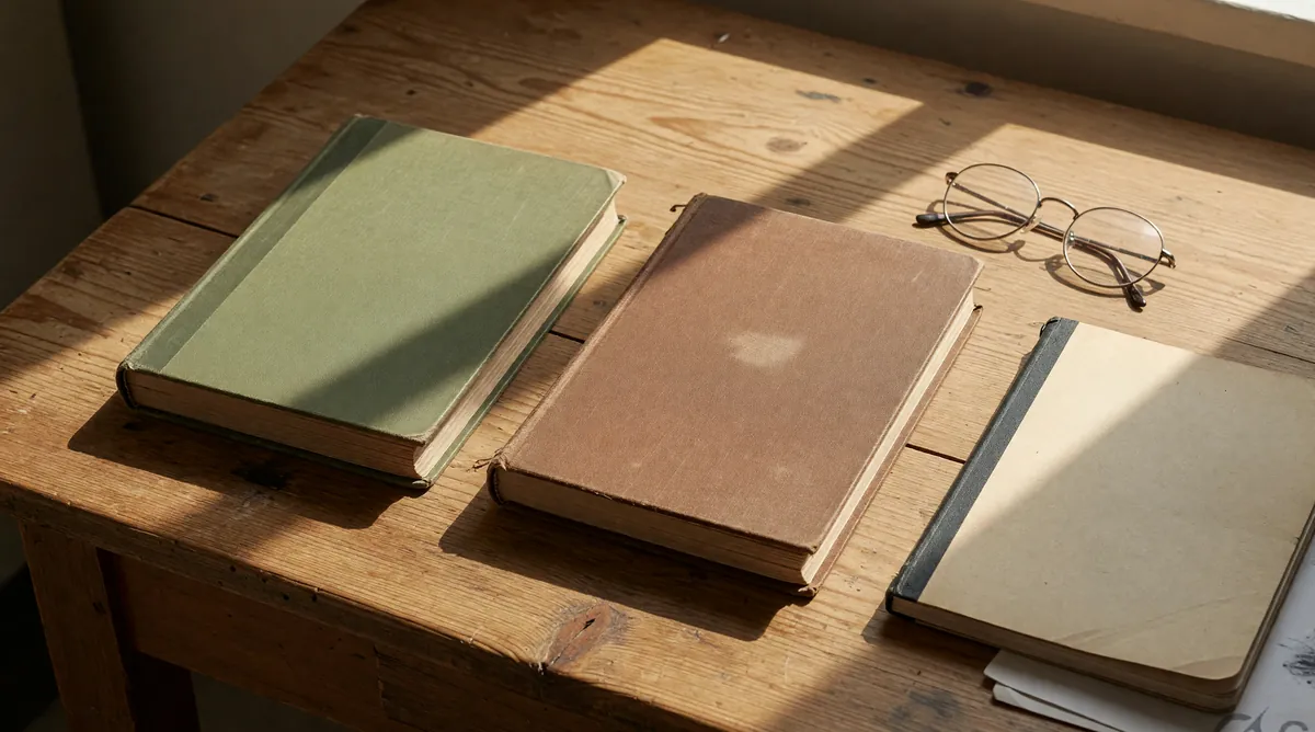 Two cloth-bound volumes and glasses on a study table