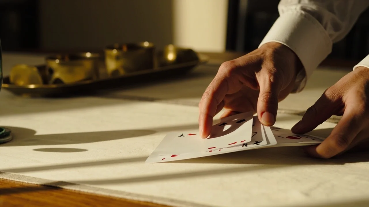 Hands sliding a face-down packet of playing cards across a sunlit teak table