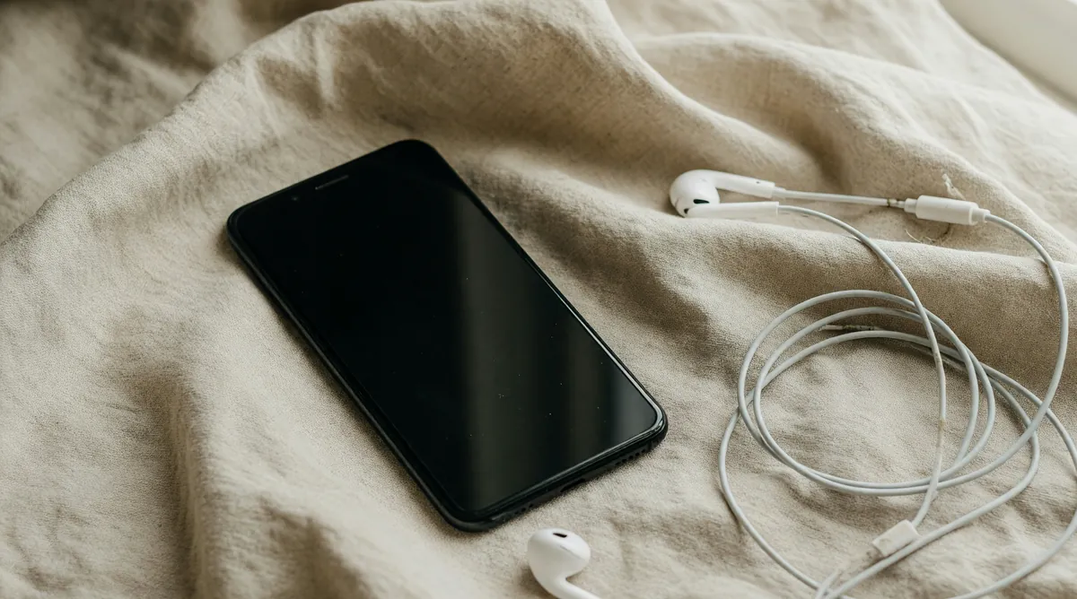 Phone and earphones on linen