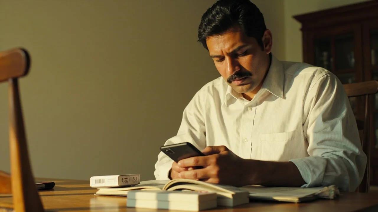 Adult at a sunlit desk with a closed notebook, face-down phone and boxed cards