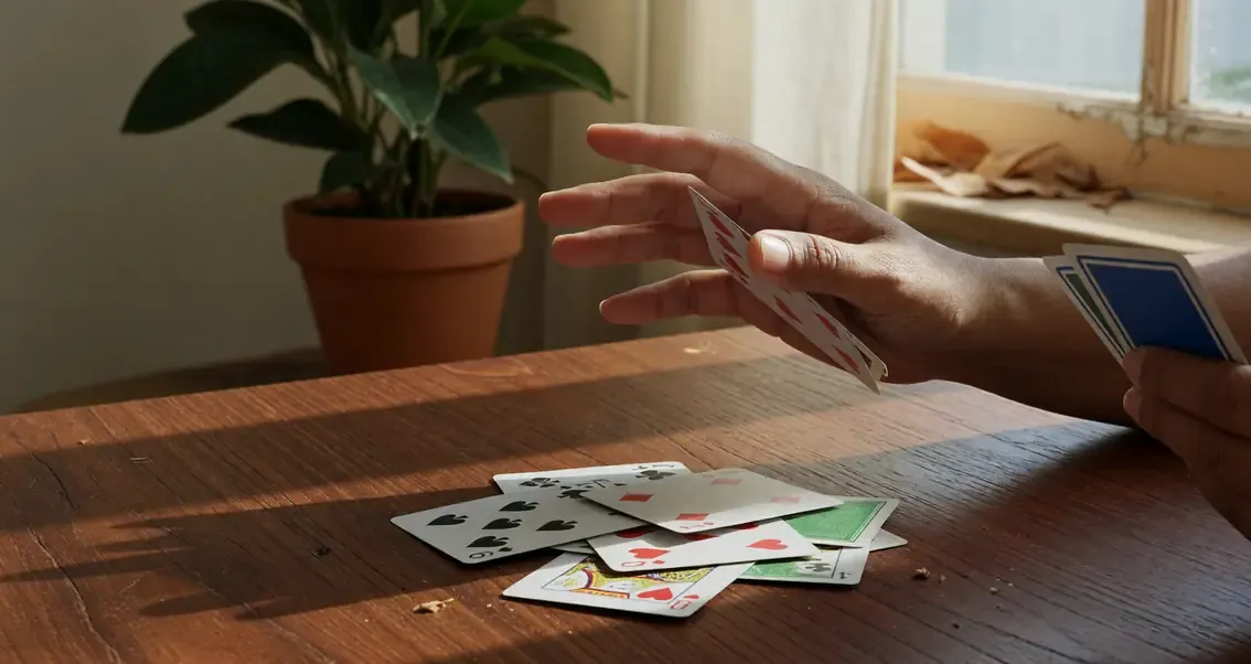 Hand discarding onto a sunlit teak table beside a houseplant