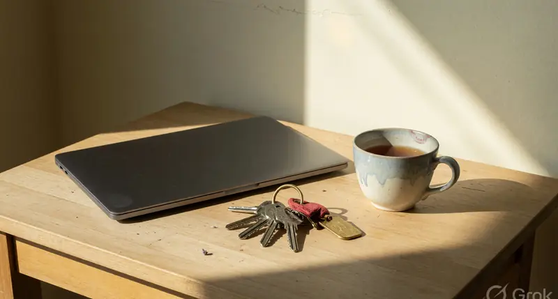 Entry table with keys, tea and a closed laptop