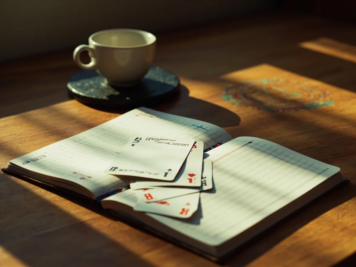 Fresh rummy deal beside an open notebook on teak