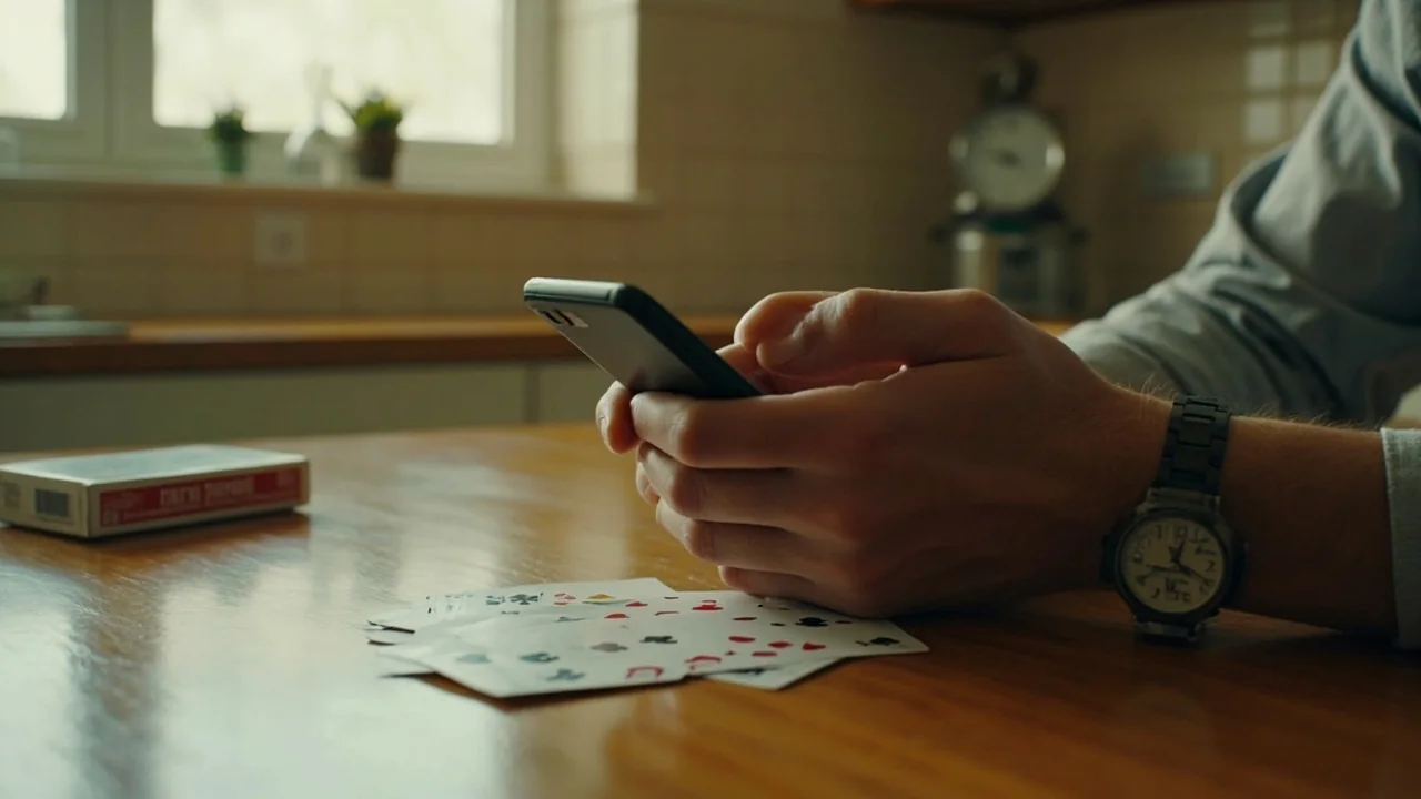 Hand covering a phone beside a boxed deck