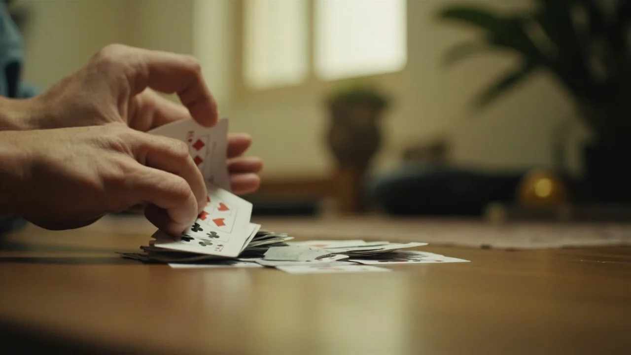 A hand hovering over a small discard pile on a teak table