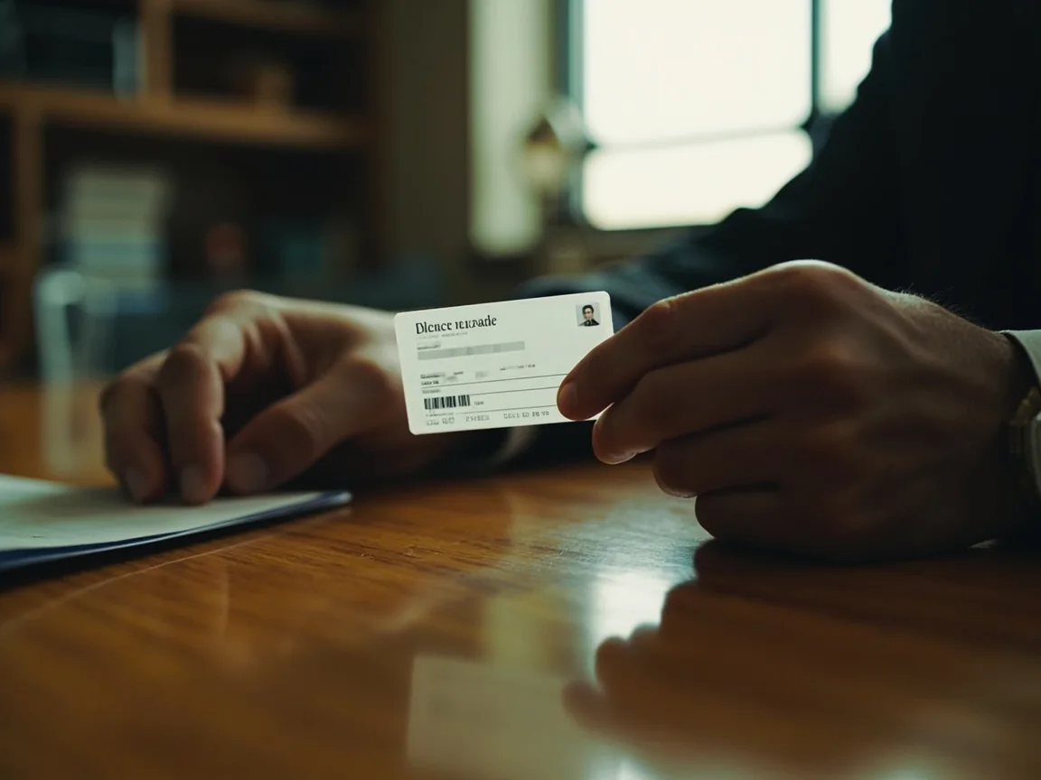 Hands holding an identity card turned so printing is lost in glare