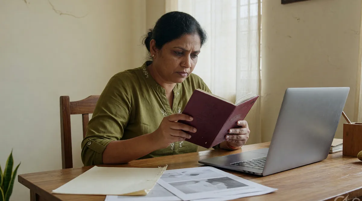Adult reviewing documents beside a laptop on a desk