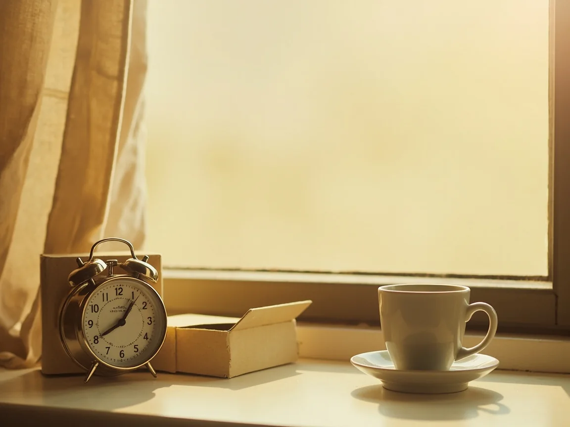 Closed laptop, house keys and a tea cup on a sunlit entry table