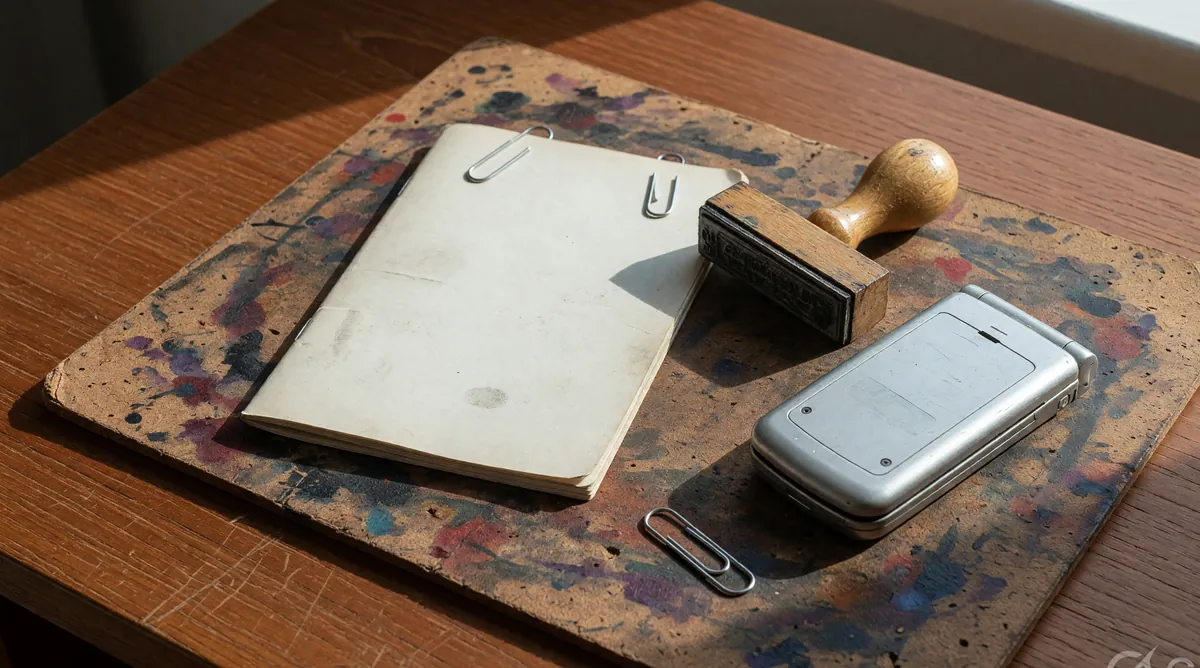 Clipped ledger booklet and rubber stamp on a blotter