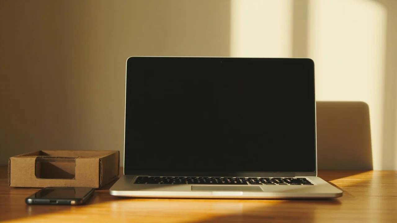 Closed laptop, face-down phone and empty cardboard tray on a teak desk