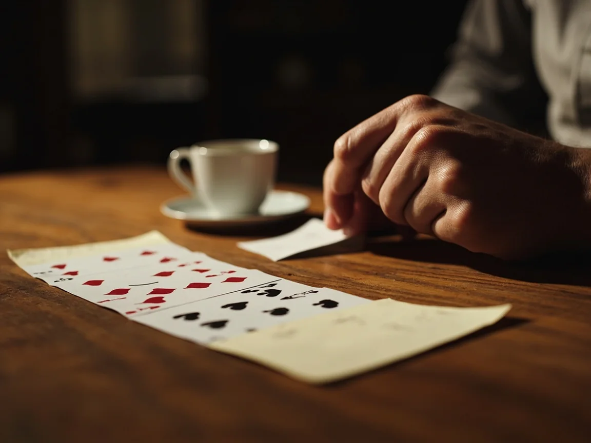 Late-hand table with a scrap of paper and an empty cup