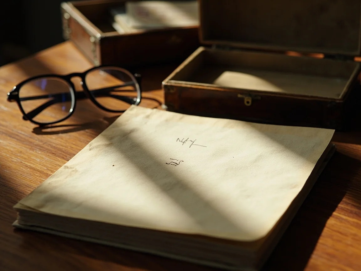 Open linen notebook with illegible graphite, glasses and a closed card box