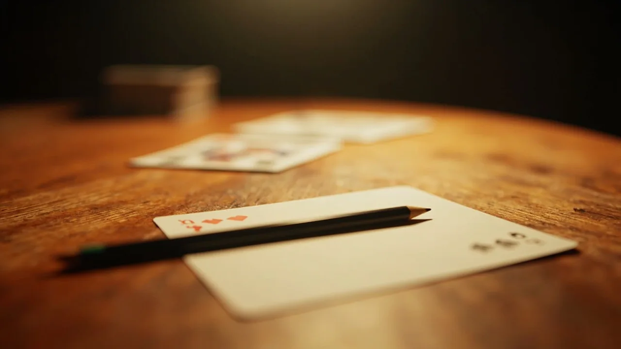 Short column of melded cards and a pencil on a teak table