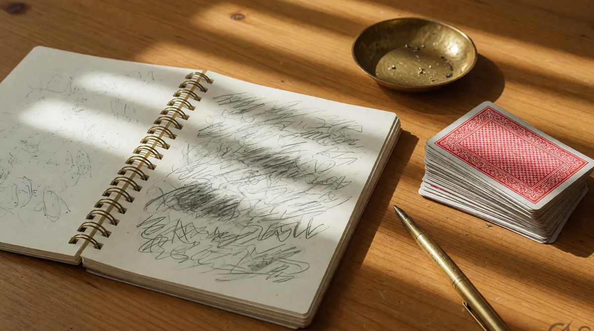 Cream notebook, brass dish and a short stack of cards on warm wood