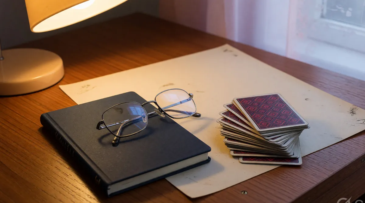 Reviewer desk with notebook and glasses
