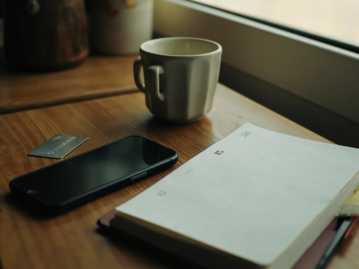 Passbook, plain metal card and tea cup