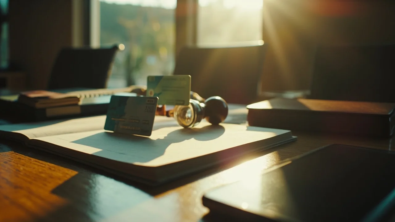 Desk with a passbook, rubber stamp and face-down phone