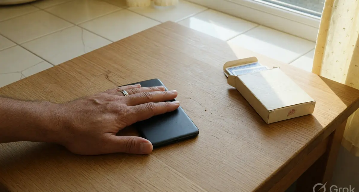 Hand covering a phone on a kitchen table in morning light