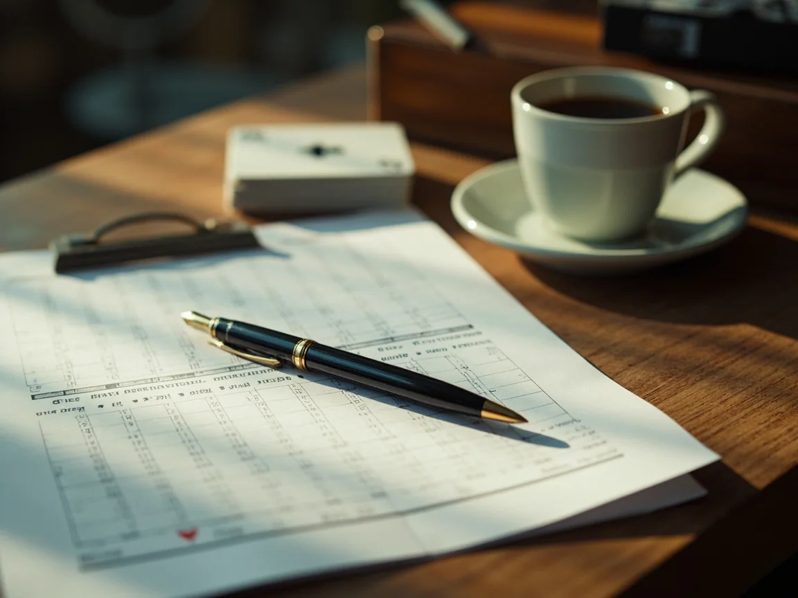 Fountain pen on a blurred scoring grid beside tea