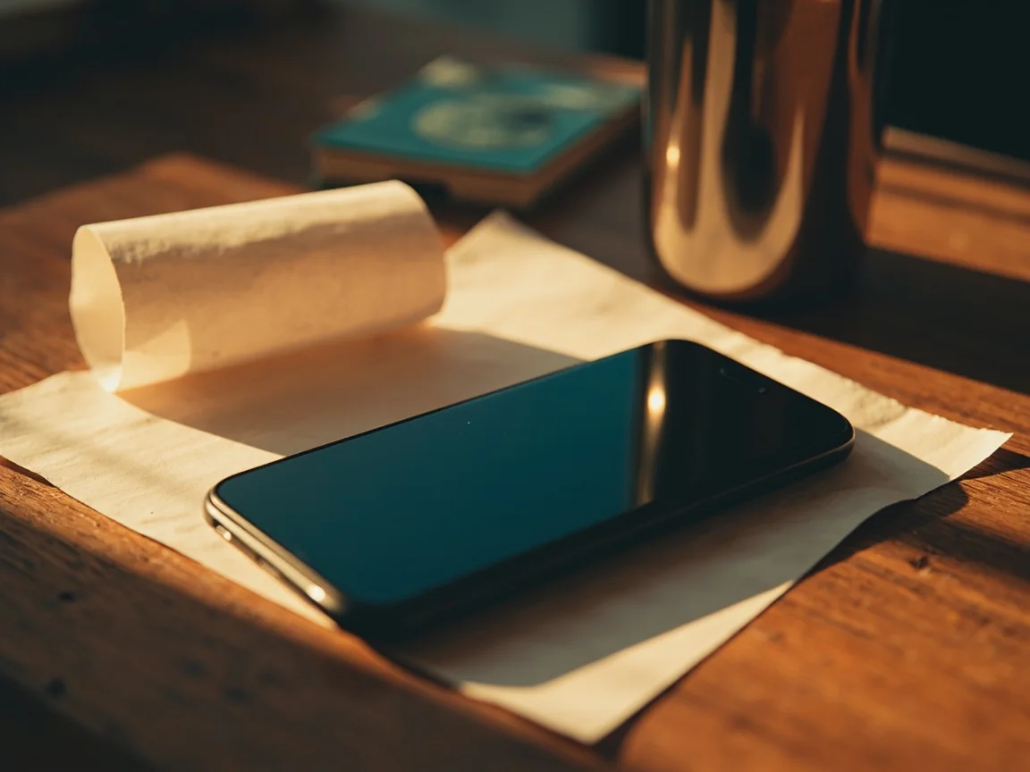 Dark smartphone beside a blank thermal-paper curl and a steel tumbler