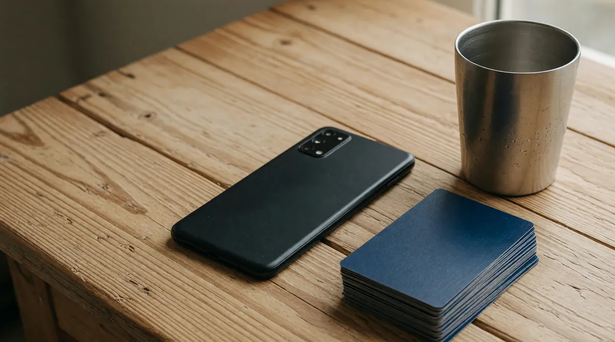 Face-down phone beside a closed card packet on wood