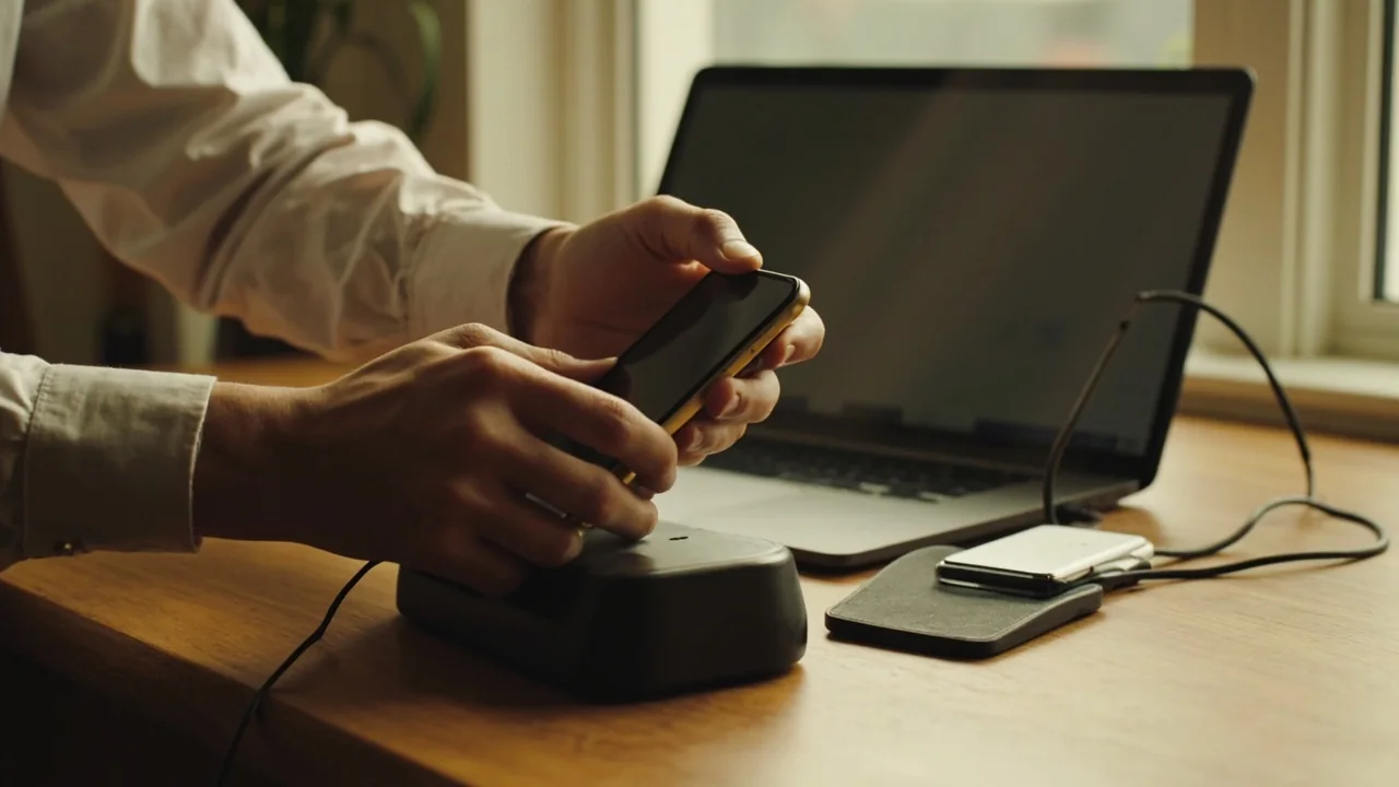 Phone on a charging dock in afternoon light