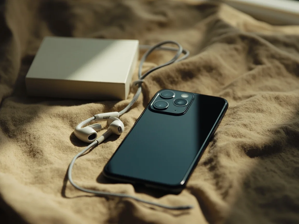 Dark-glass phone on oatmeal linen beside a closed card box and earphones