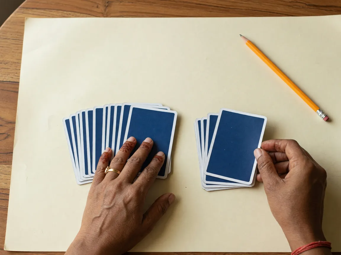 Hands grouping face-down card stacks on blotter paper beside a pencil