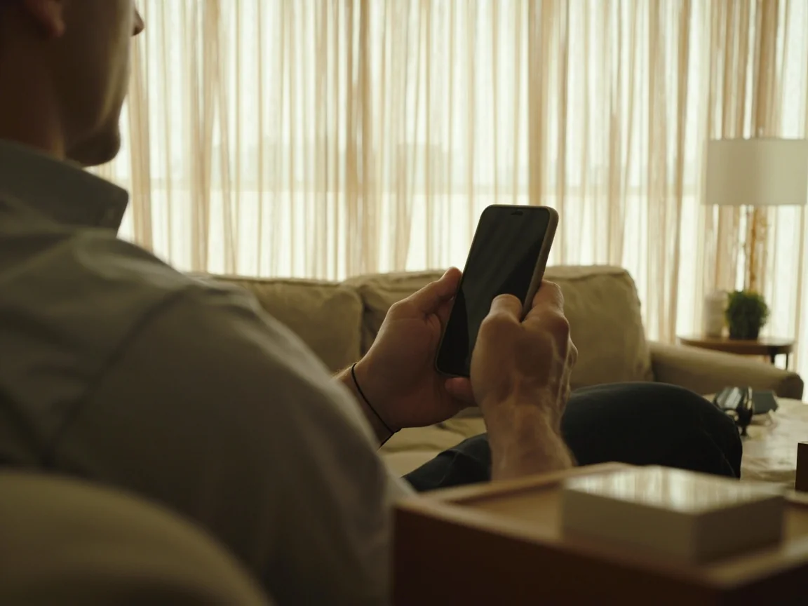 Person on a linen sofa holding a dark-glass phone above a low table
