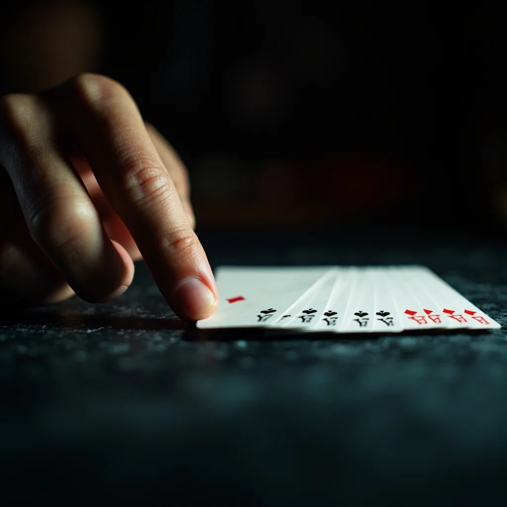 A suited run of cards lined on dark slate under a fingertip