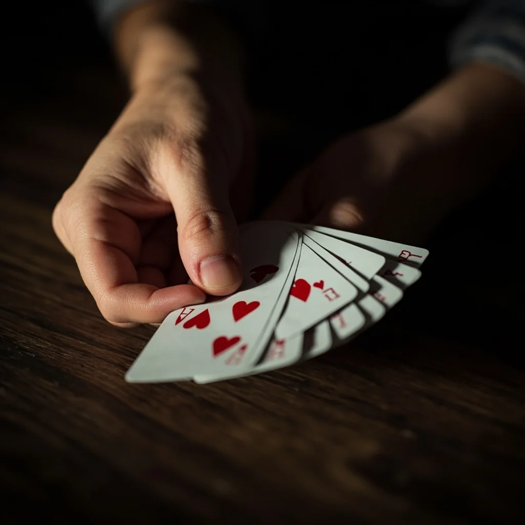 Adult left hand fanning playing cards over dark wood