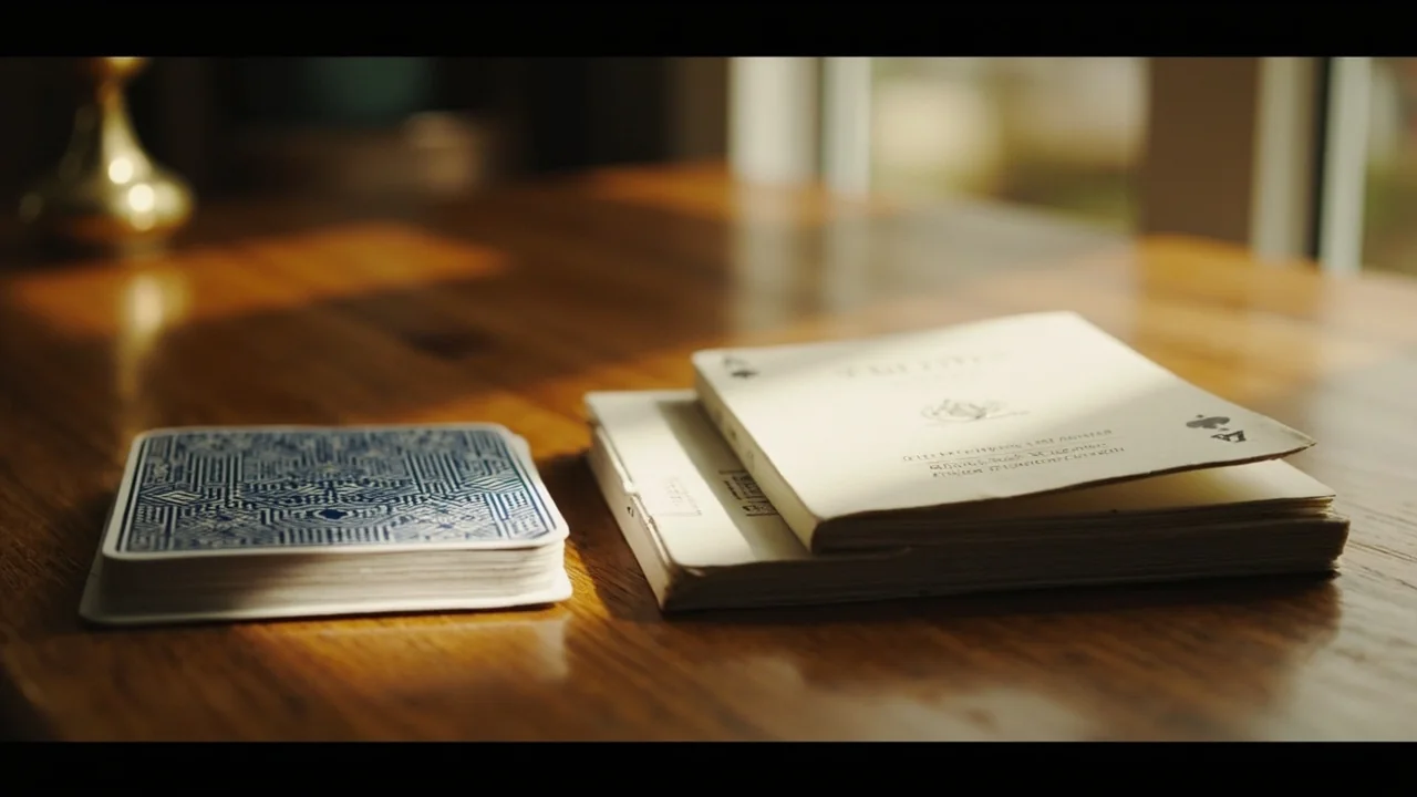 Newly unwrapped deck beside a closed cloth-bound booklet