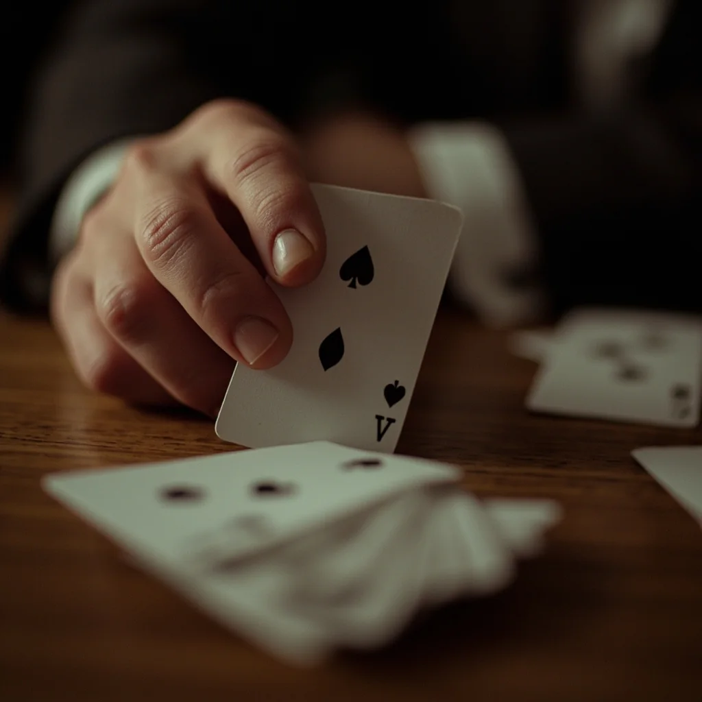 Close-up of a joker card held between thumb and finger